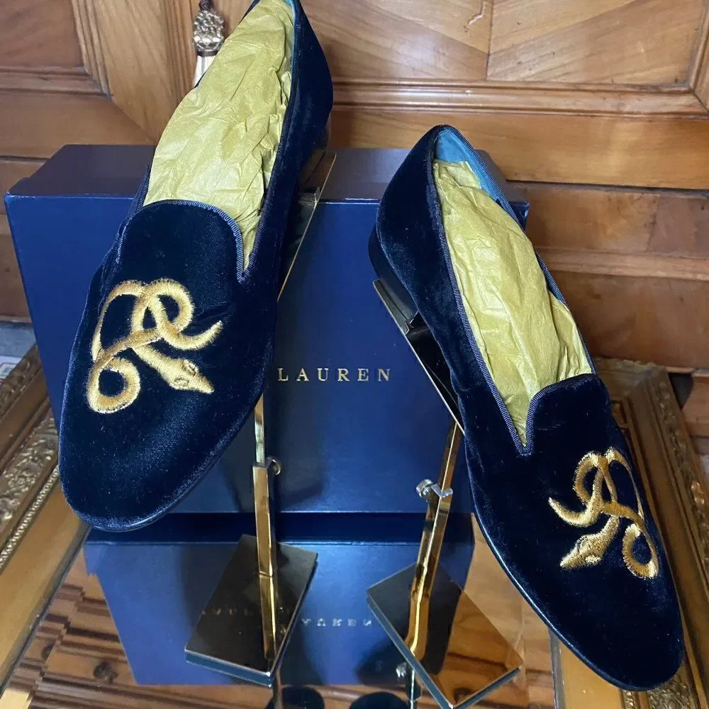 Ralph Lauren Collection Black Velvet Gold Bullion Embroidered Snake Slipper